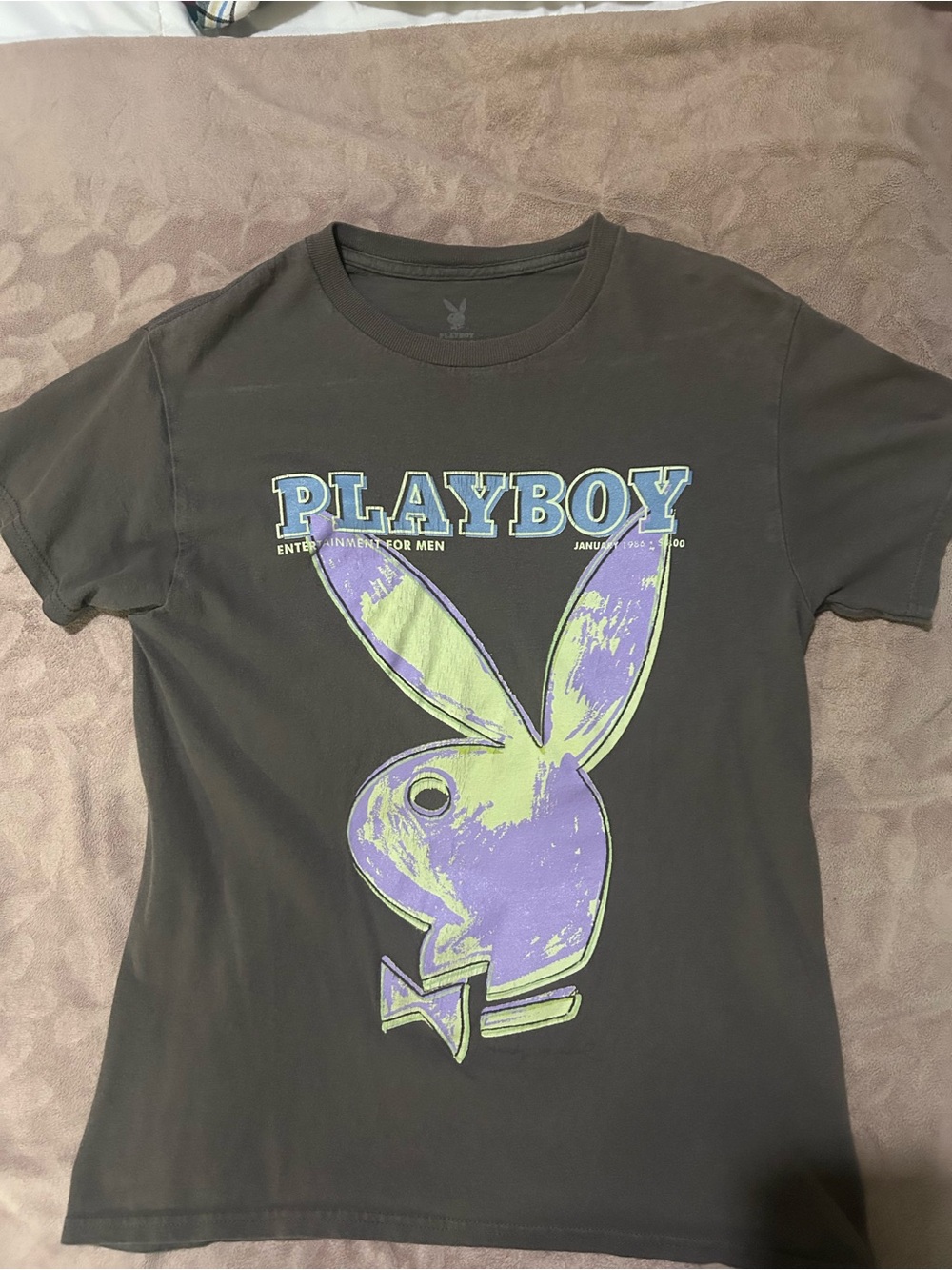PLAYBOY Black Short-Sleeve Tee with Purple & Lime Bunny Graphic
